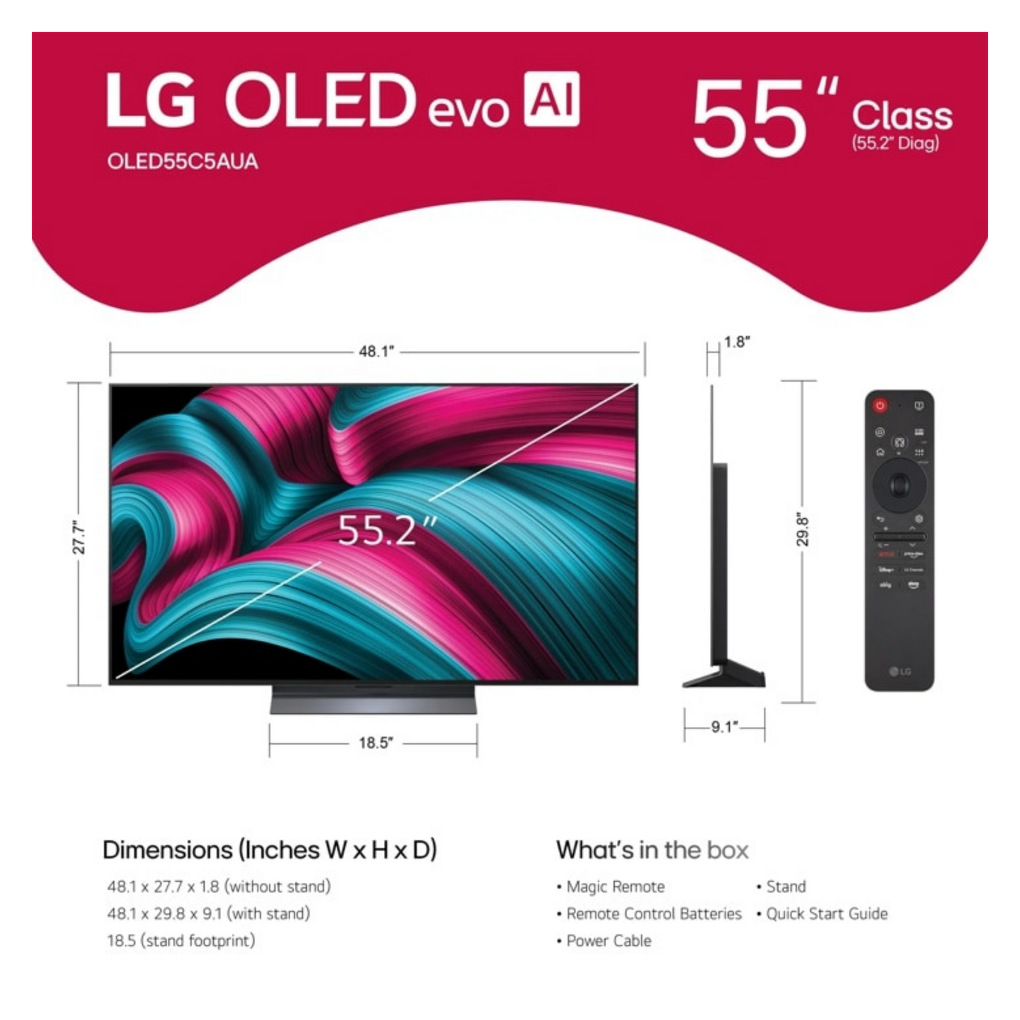Open Box - LG 55" Class 4K UHD OLED Web OS Smart TV with Dolby Vision C5 Series (OLED55C5PUA) 2025 LG