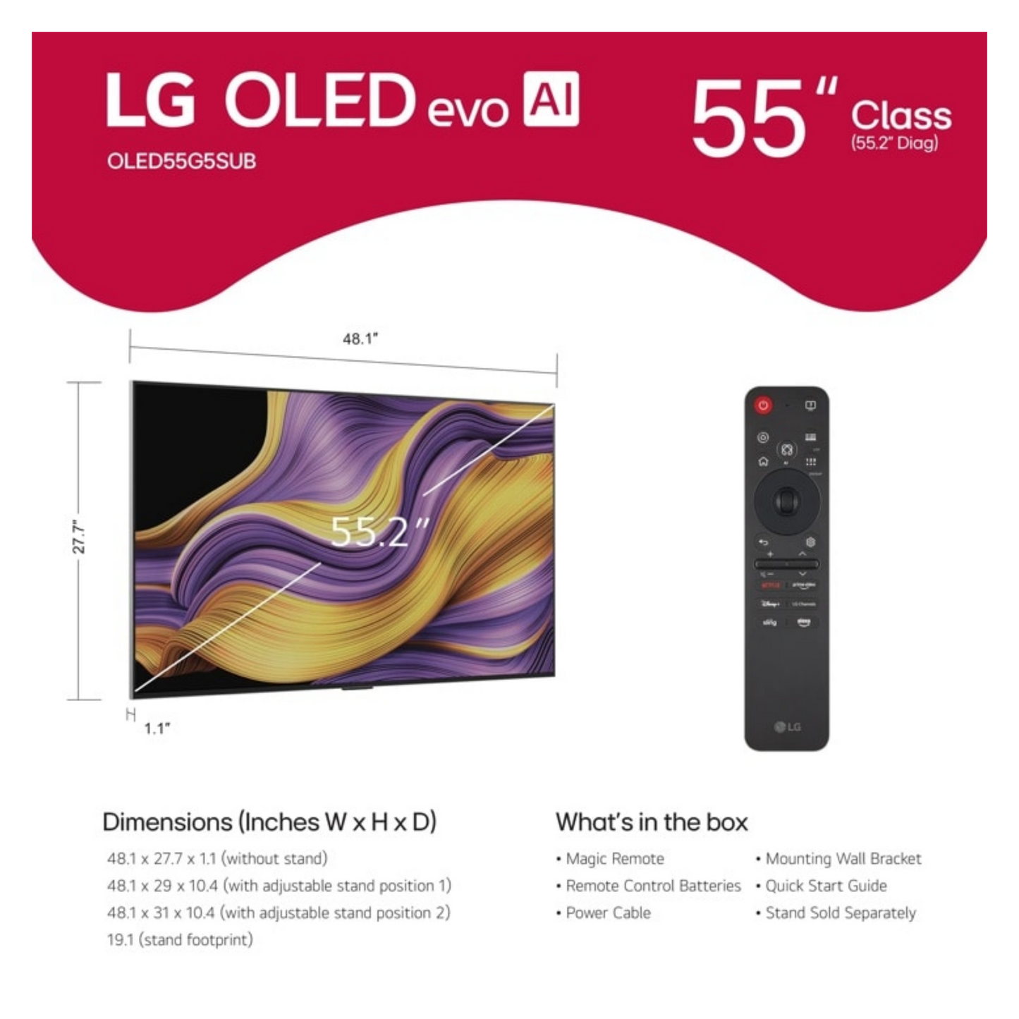 Open Box - LG 55" G5 Series OLED evo 4K UHD Smart TV with α11 AI Processor, 165Hz VRR and Built-in Wall Mount (OLED55G5WUA) - 2025 LG